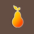 Orange Paper cut Pear icon isolated on brown gradient background. Fruit with leaf symbol. Paper art Style.